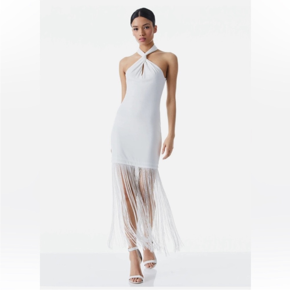 ALICE + OLIVIA: STEPH TWIST NECK FRINGE DRESS